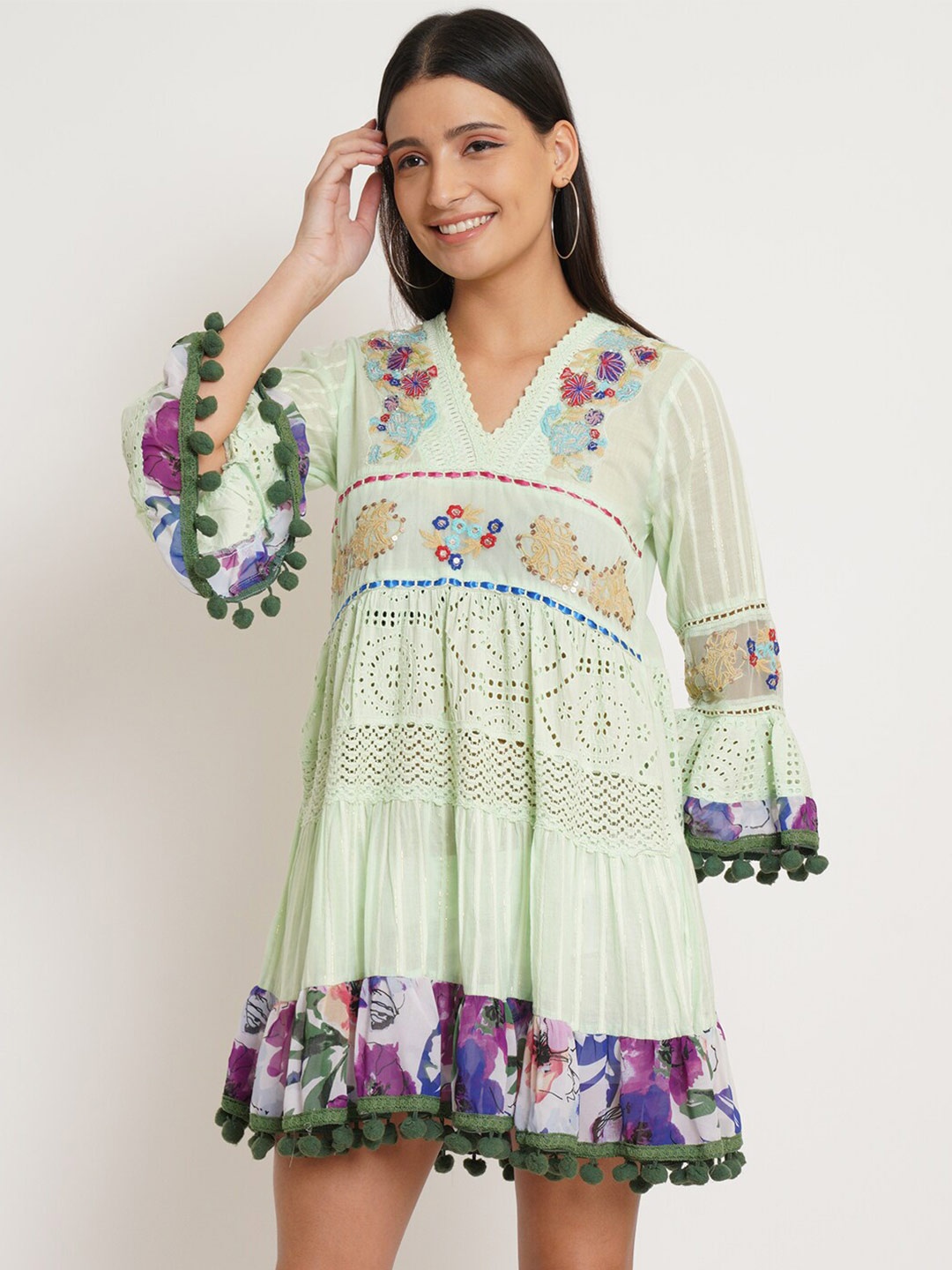 

IX IMPRESSION Lime Green & Blue Floral Embroidered Cotton Dress
