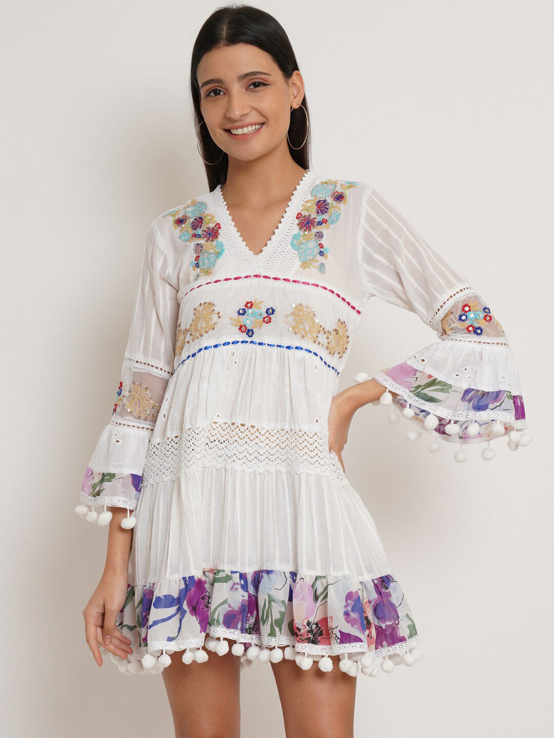 

IX IMPRESSION White Floral Embroidered Cotton Dress