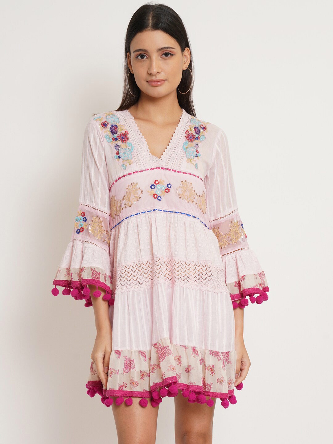 

IX IMPRESSION Pink & Beige Floral Embroidered Dress