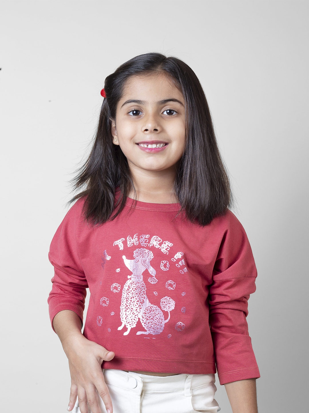 

Little Carrot Girls Rust Printed Drop-Shoulder Sleeves Slim Fit Cotton T-shirt