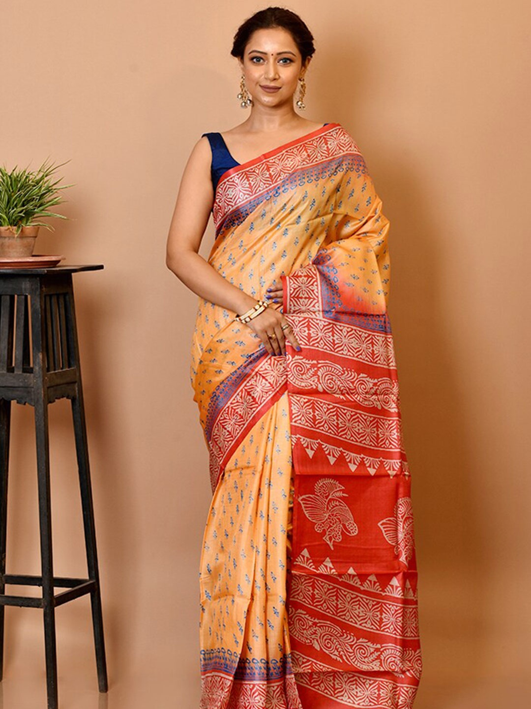 

AllSilks Yellow & Red Ethnic Motifs Silk Blend Tussar Saree