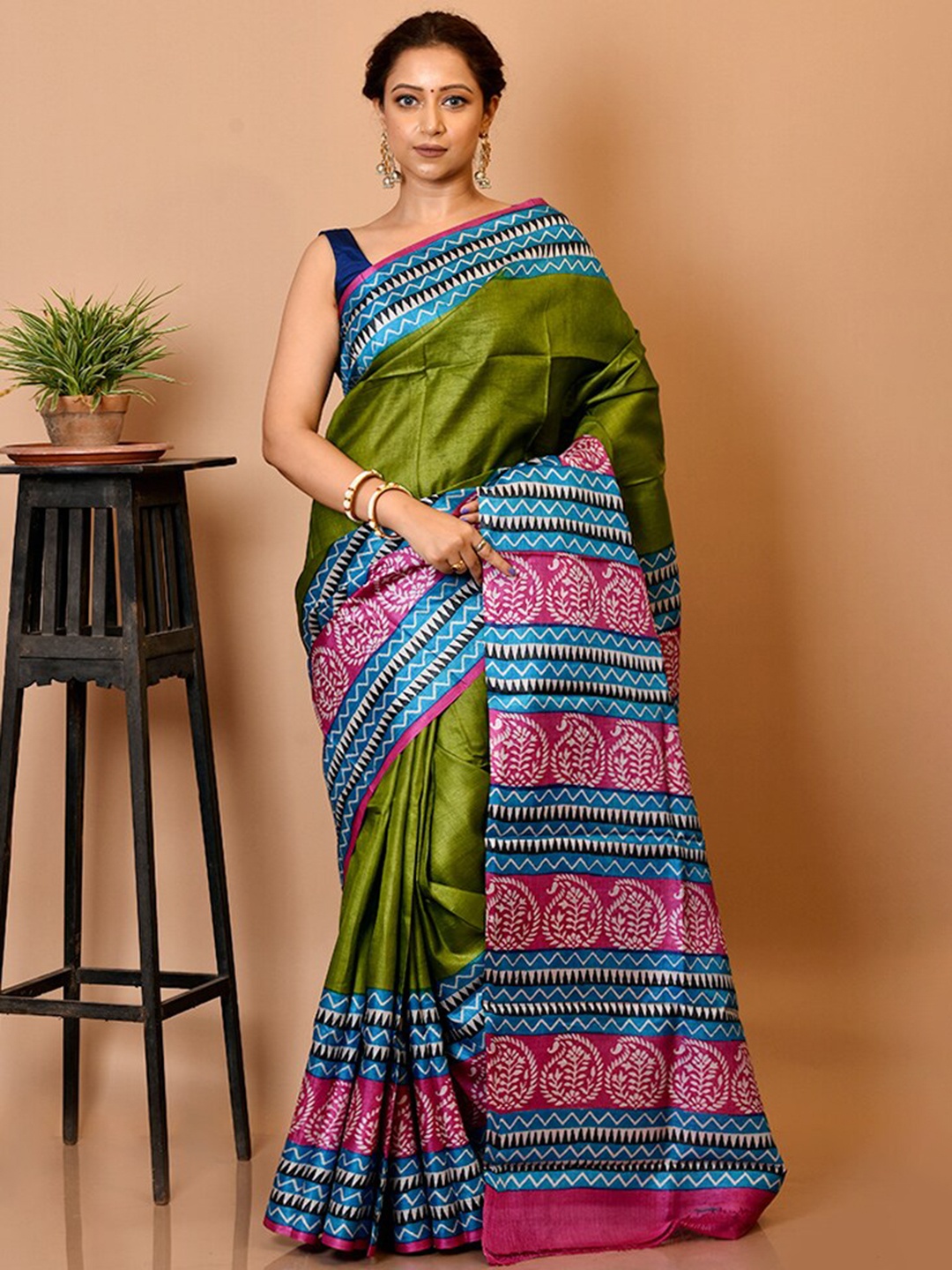 

AllSilks Olive Green & Blue Paisley Silk Blend Tussar Saree