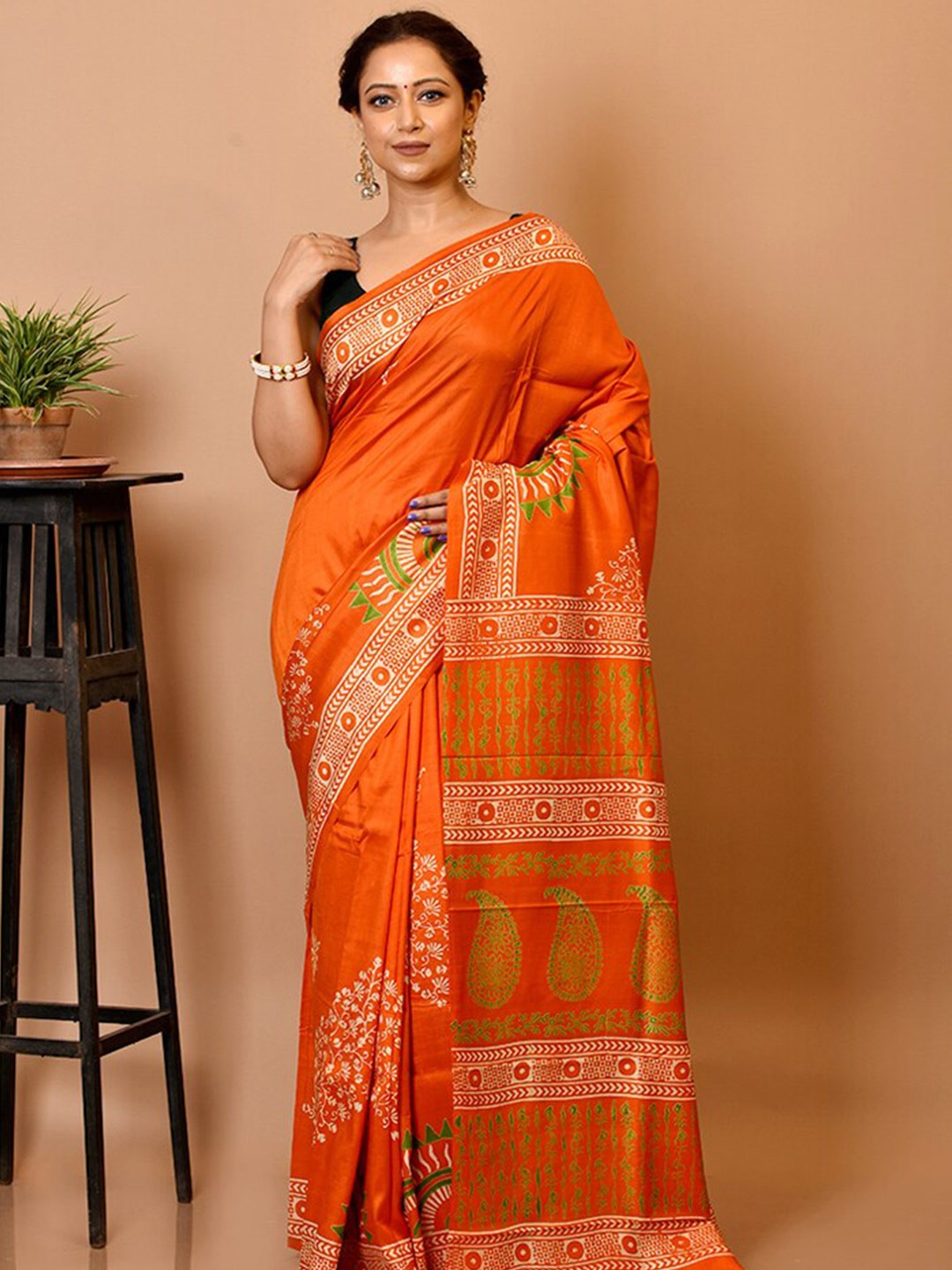 

AllSilks Orange & Green Ethnic Motifs Pure Silk Block Print Saree