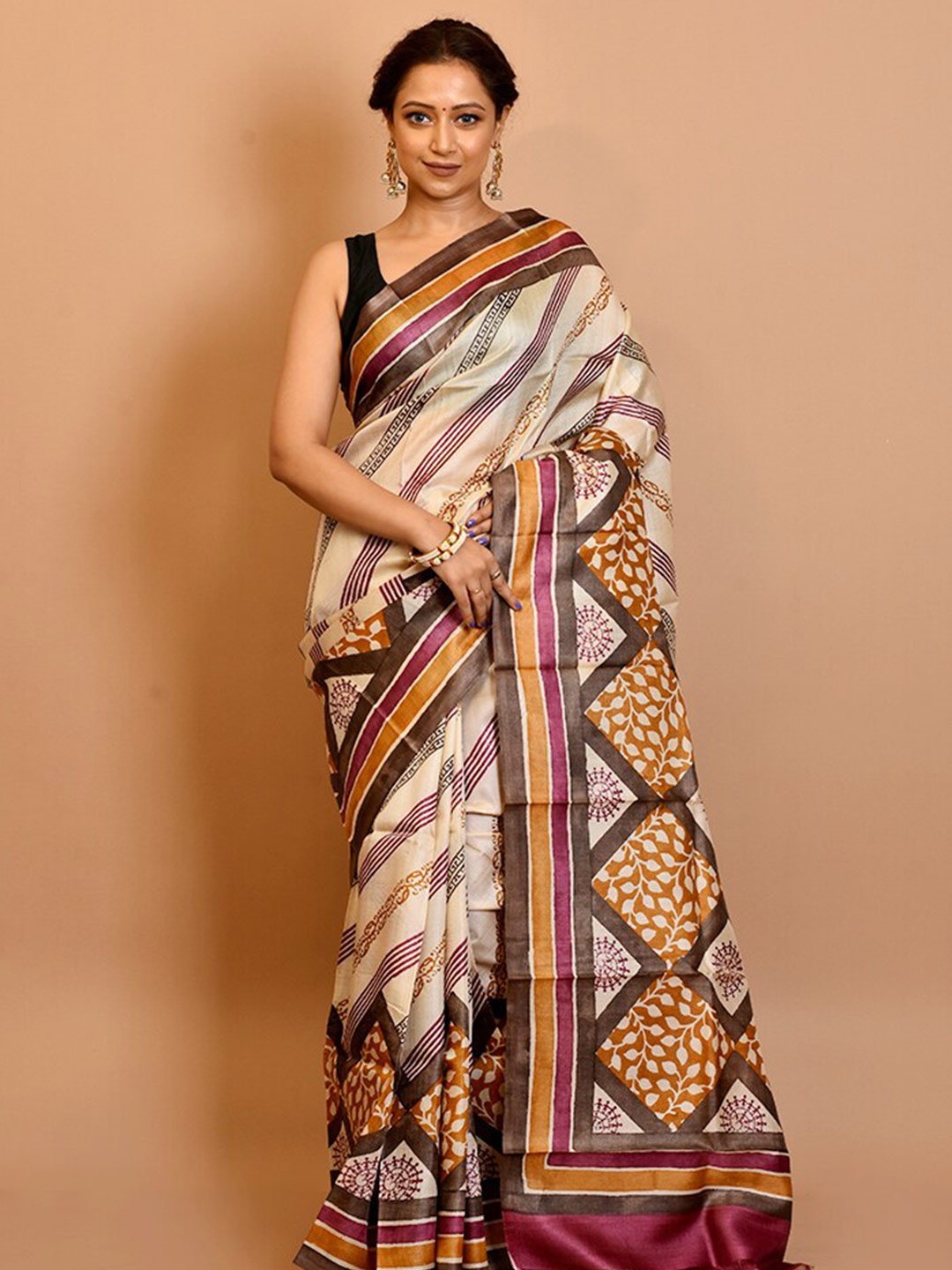 

AllSilks Cream-Coloured & Yellow Striped Silk Blend Tussar Saree