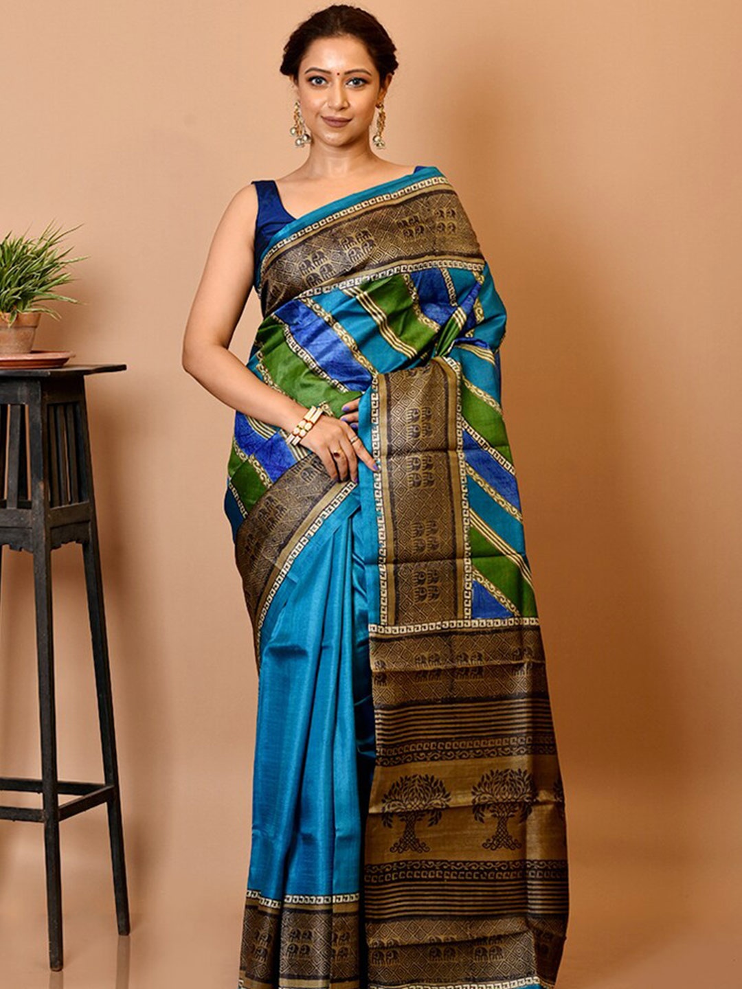 

AllSilks Blue & Green Striped Silk Blend Tussar Saree