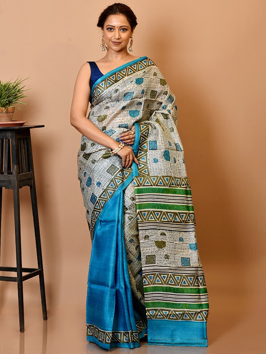 

AllSilks Cream-Coloured & Blue Silk Blend Half and Half Tussar Saree