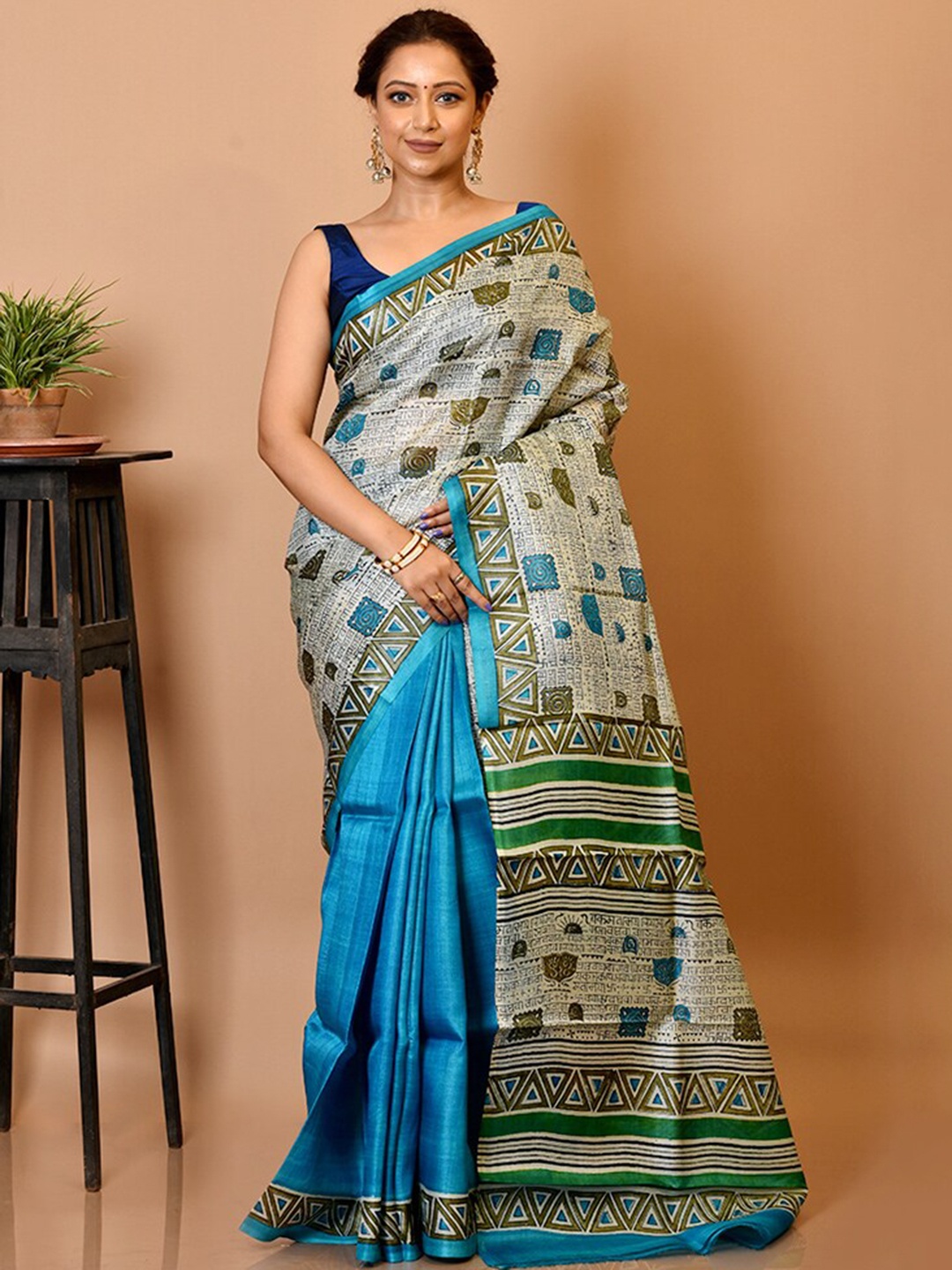 

AllSilks Cream-Coloured & Blue Silk Blend Half and Half Tussar Saree