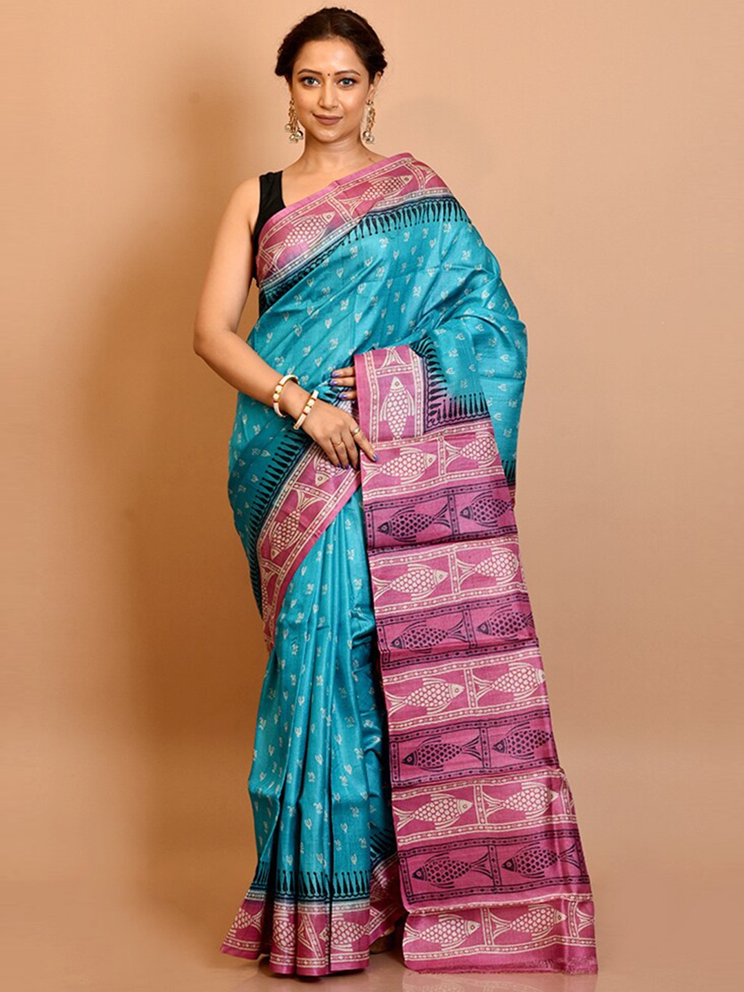 

AllSilks Blue & Pink Silk Blend Tussar Saree