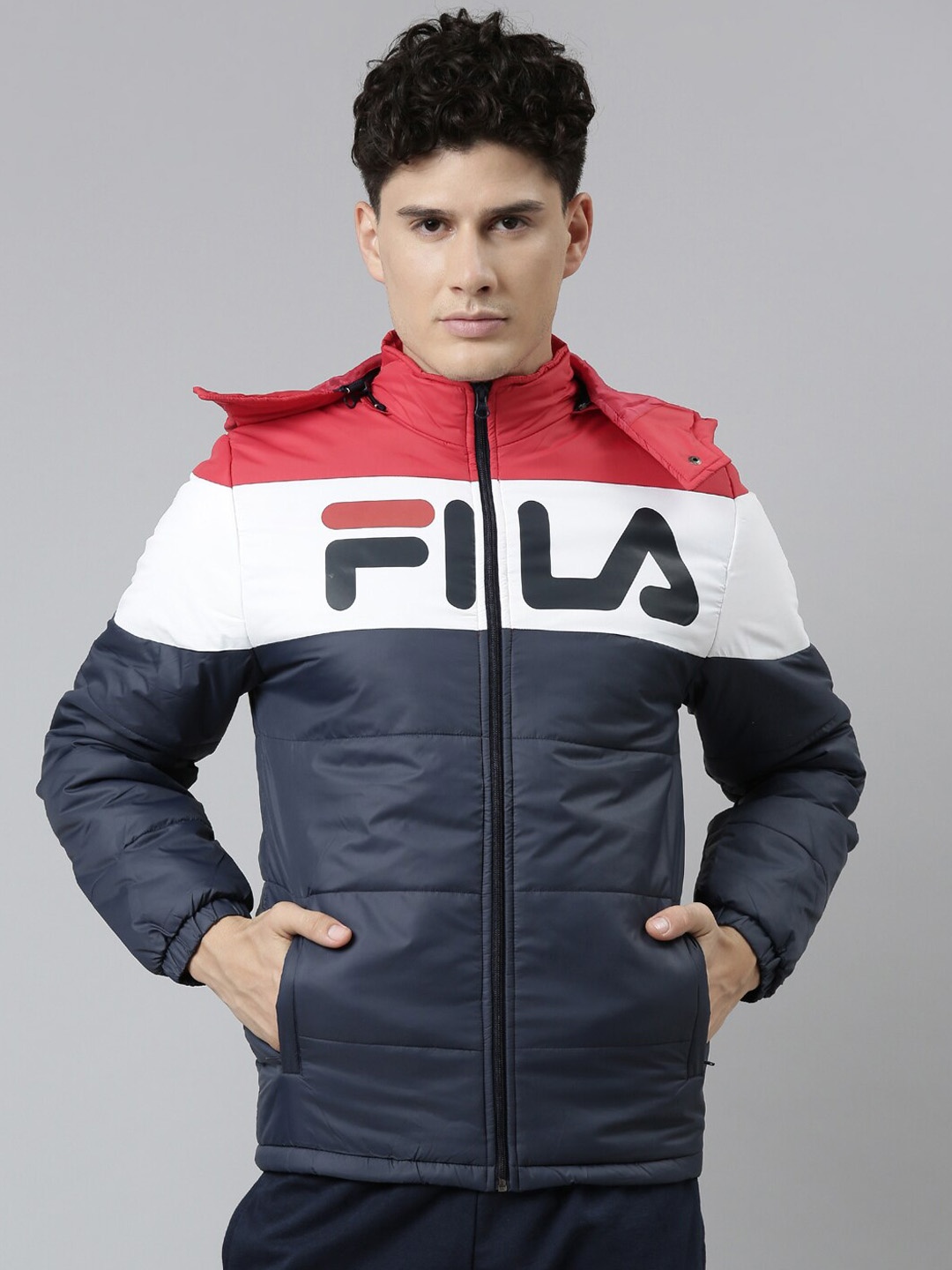 

FILA Men Blue & White Colourblocked Puffer Jacket, Red