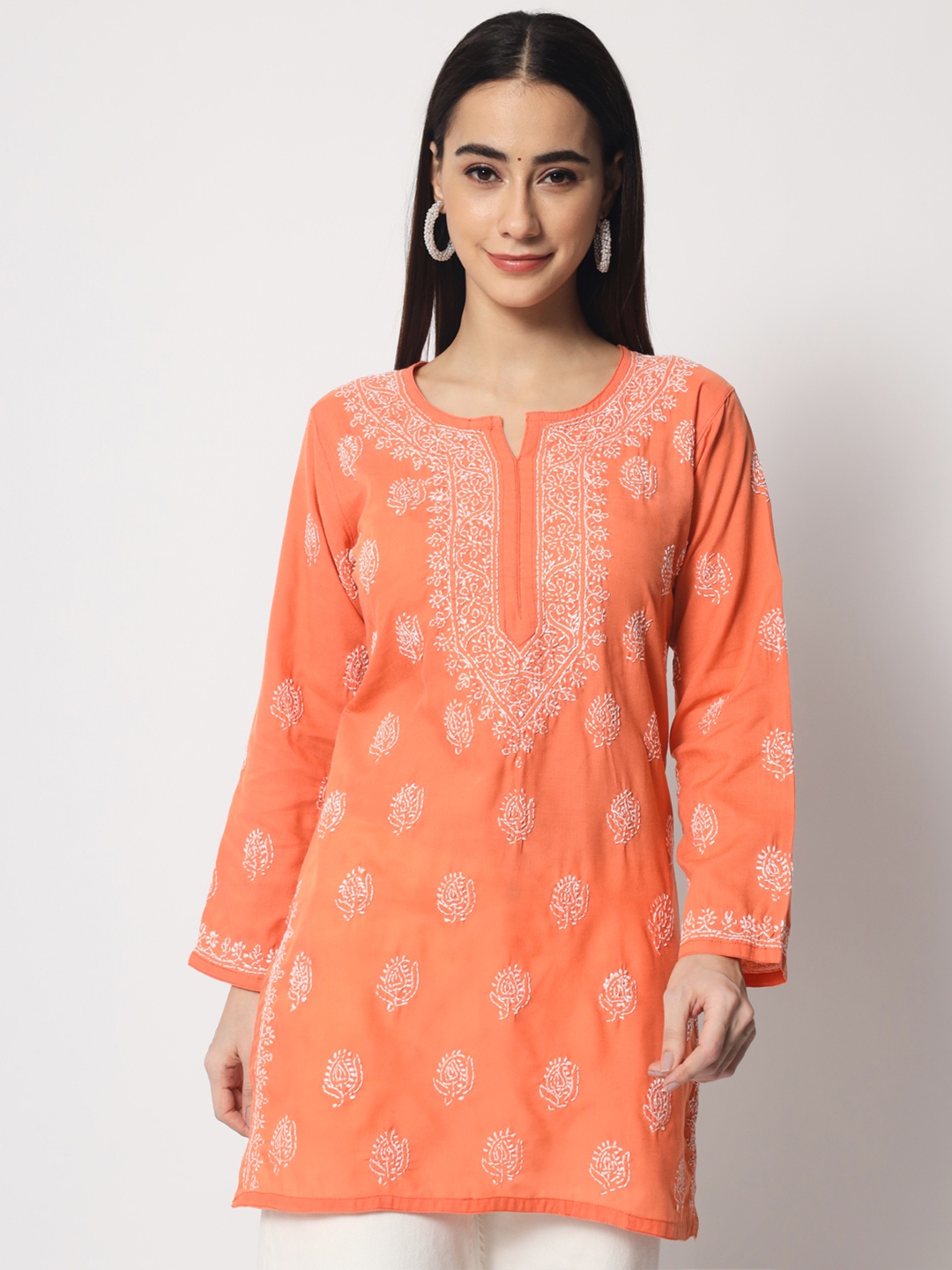 

PARAMOUNT CHIKAN Orange Ethnic Motifs Embroidered Chikankari Pure Cotton Kurti