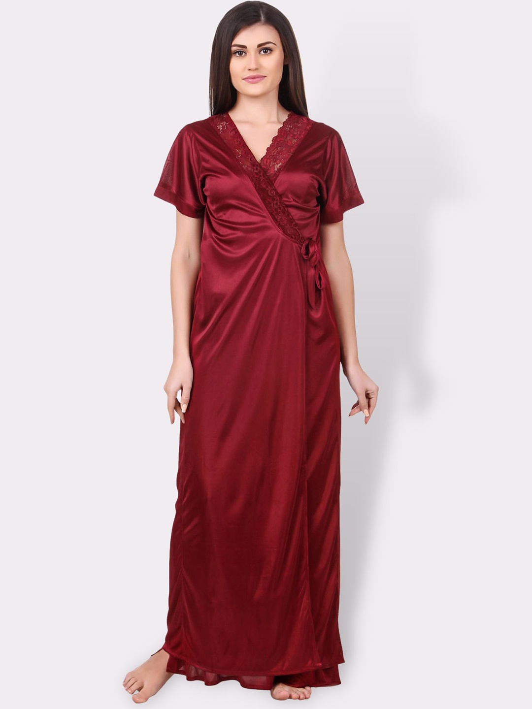 

Fasense Maroon Solid Maxi Nightdress