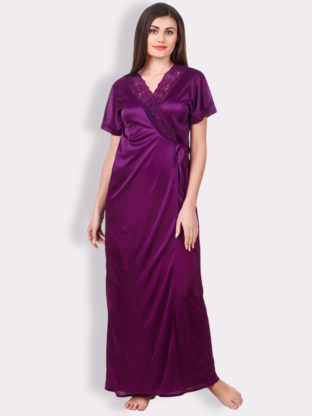 

Fasense Purple Solid Satin Maxi Nightdress