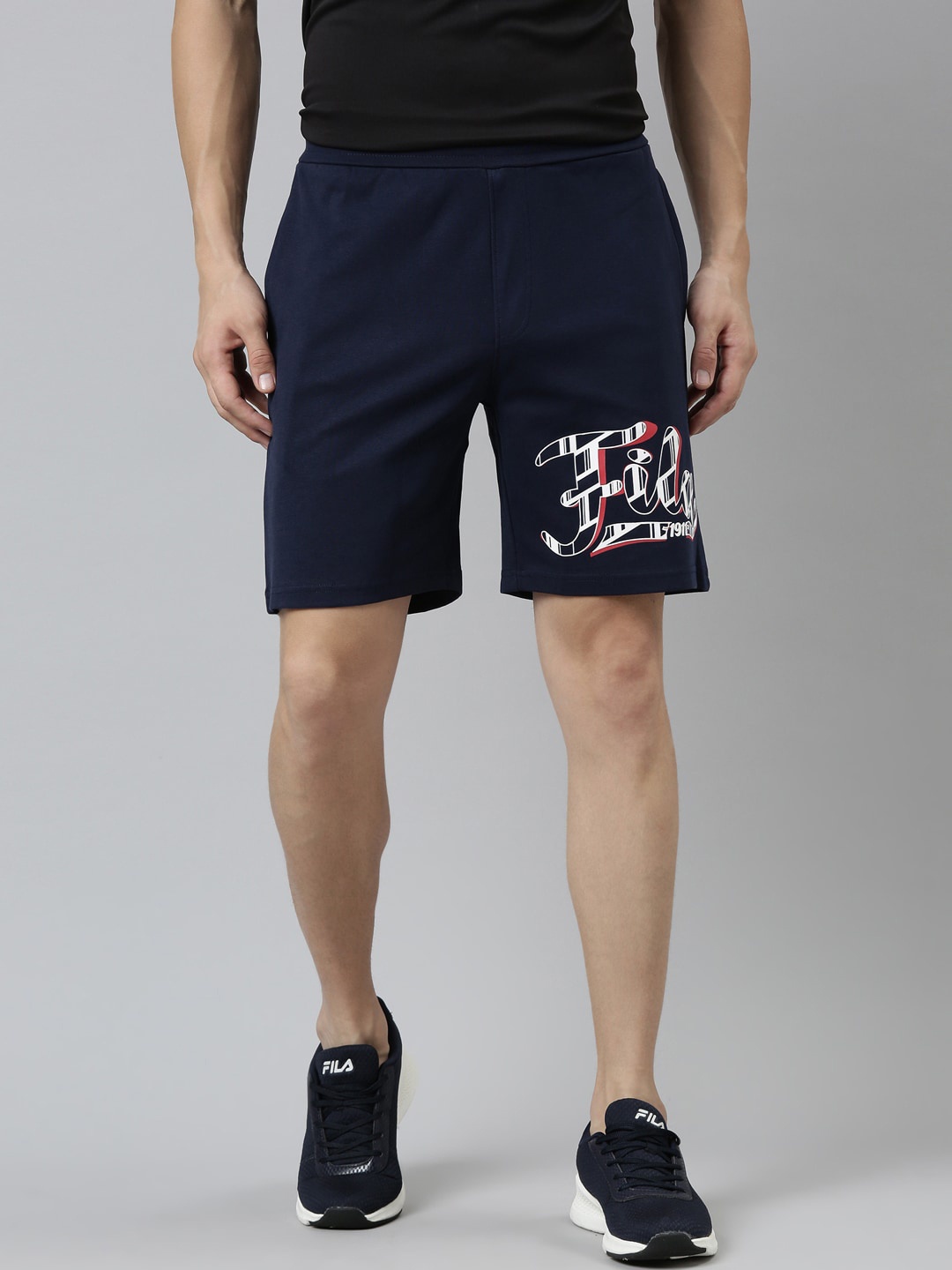 

FILA Men Navy Blue Typography Printed Cotton Sports Shorts