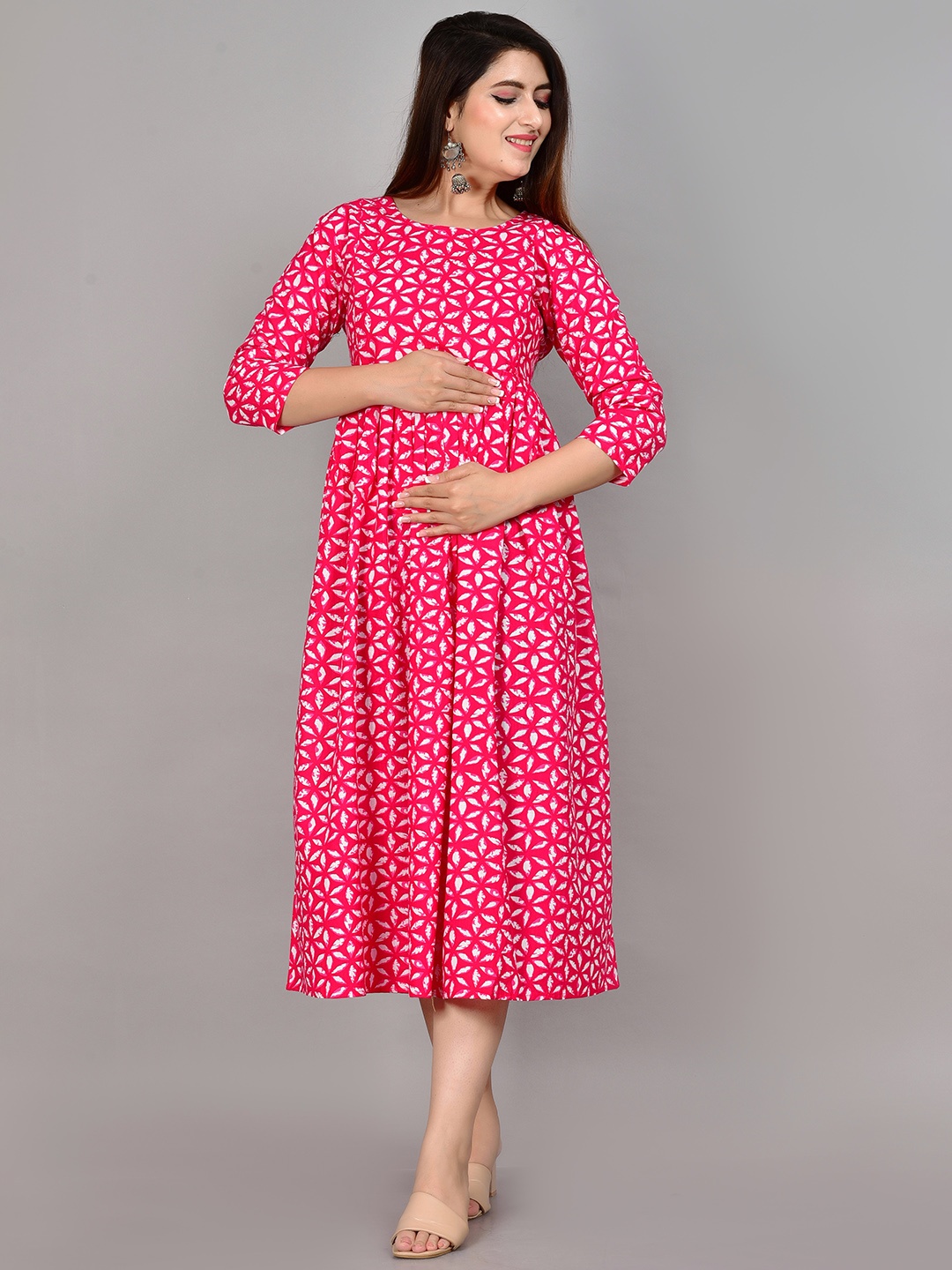 

ROOPWATI FASHION Women Pink Ethnic Motifs Printed Maternity Cotton Kurta