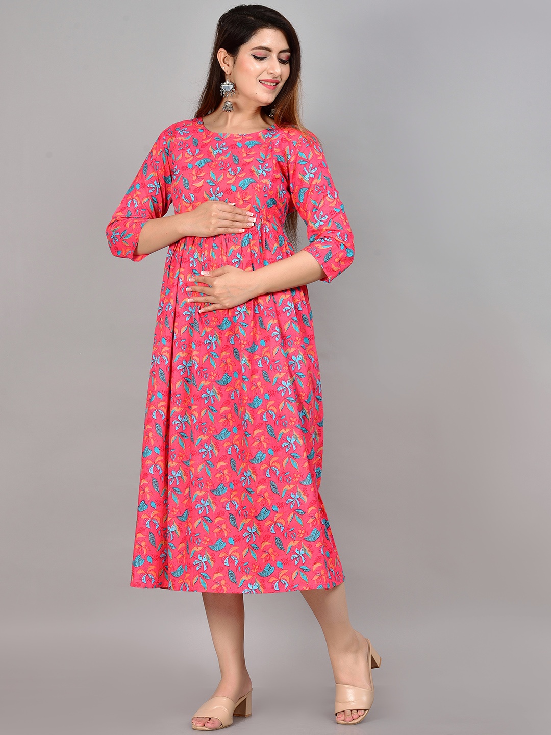 

ROOPWATI FASHION Pink Ethnic Motifs Maternity Cotton Dress