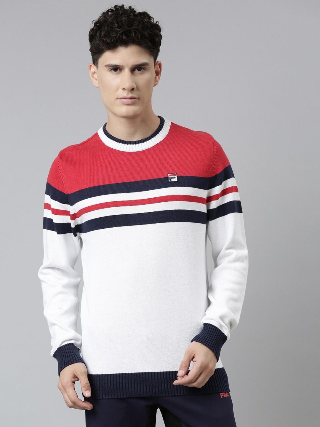 

FILA Men White & Navy Blue Striped Cotton Pullover
