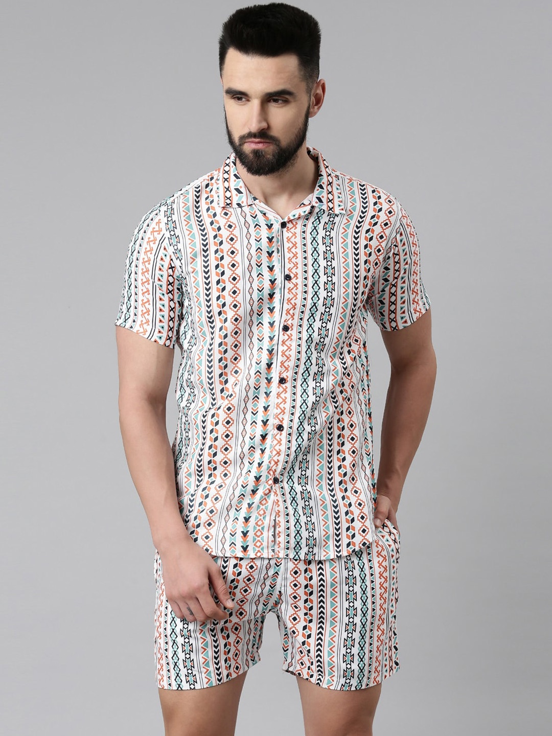 

TRUNDZ Men White & Blue Geometric Printed Night suit