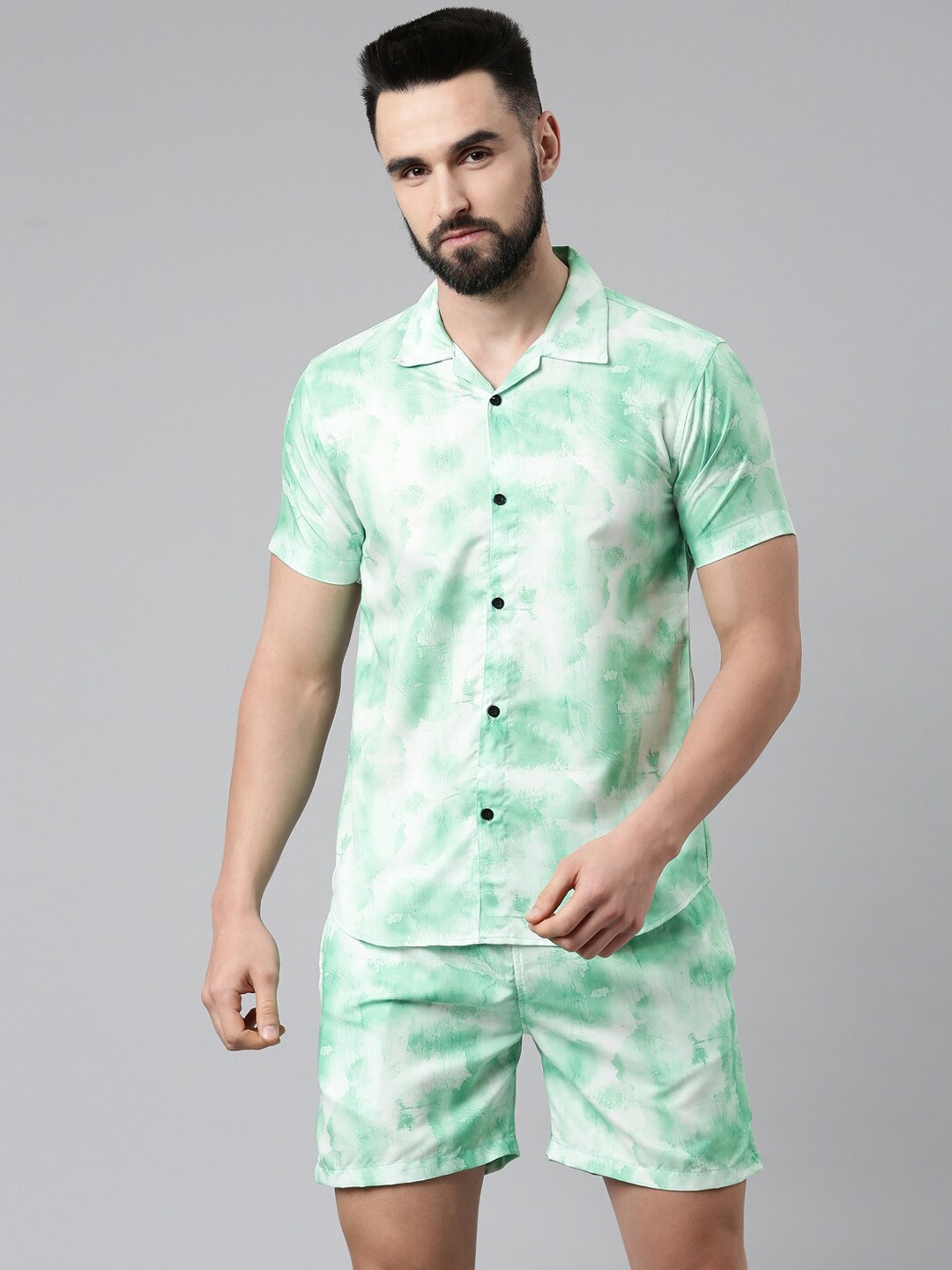 

TRUNDZ Men Green & White Abstract Printed Night suit