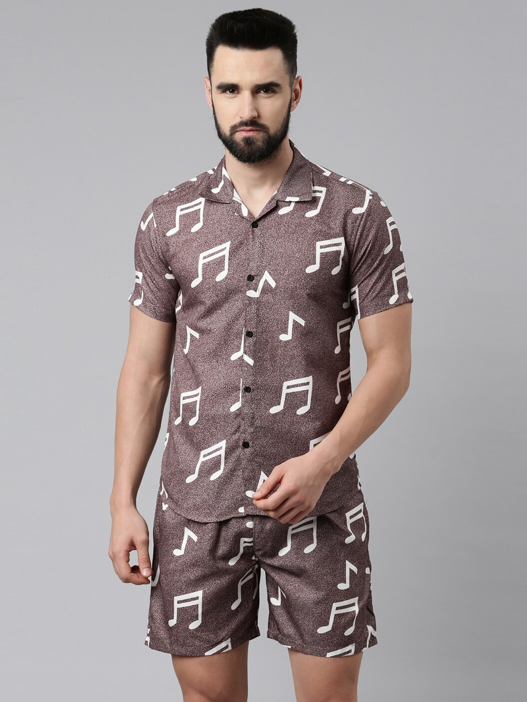 

TRUNDZ Men Brown & White Conversational Printed Night suit