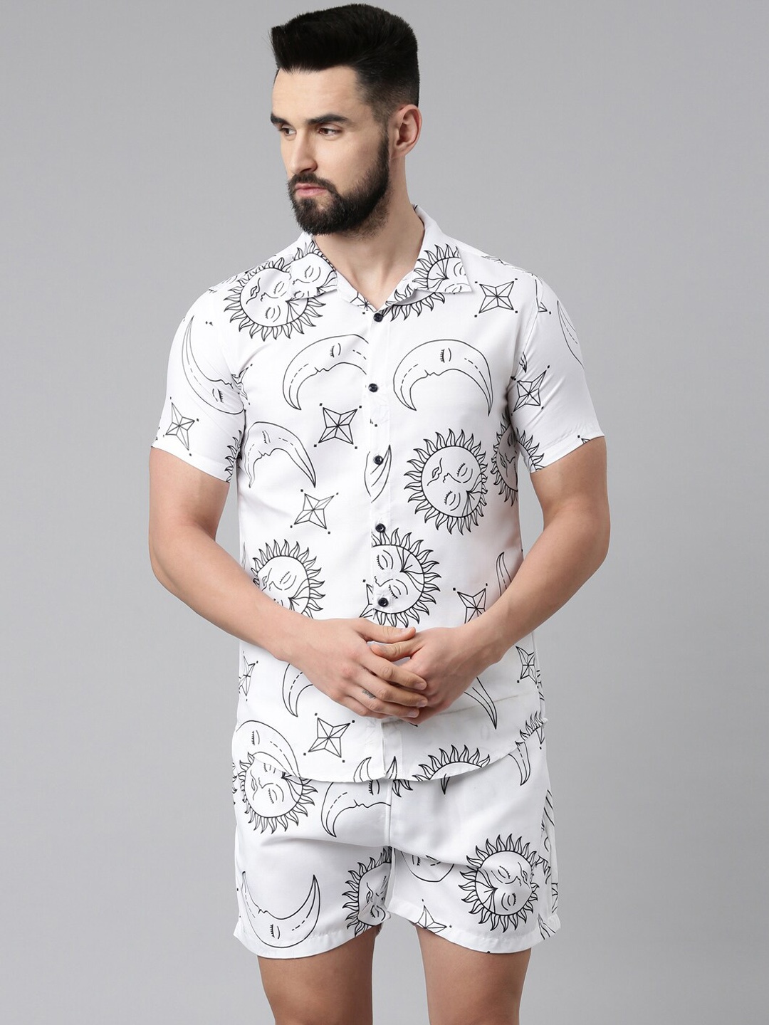 

TRUNDZ Men White & Black Printed Night suit