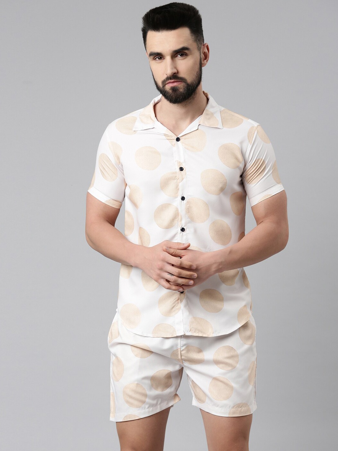 

TRUNDZ Men White & Peach Printed Night suit