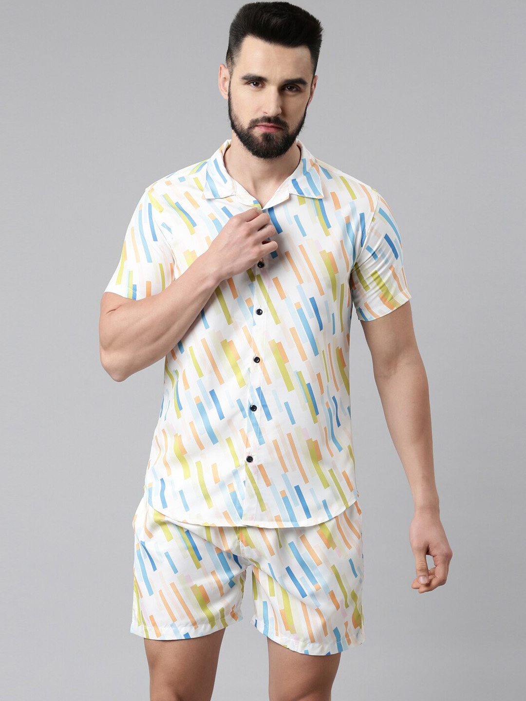 

TRUNDZ Men White & Blue Geometric Printed Night suit