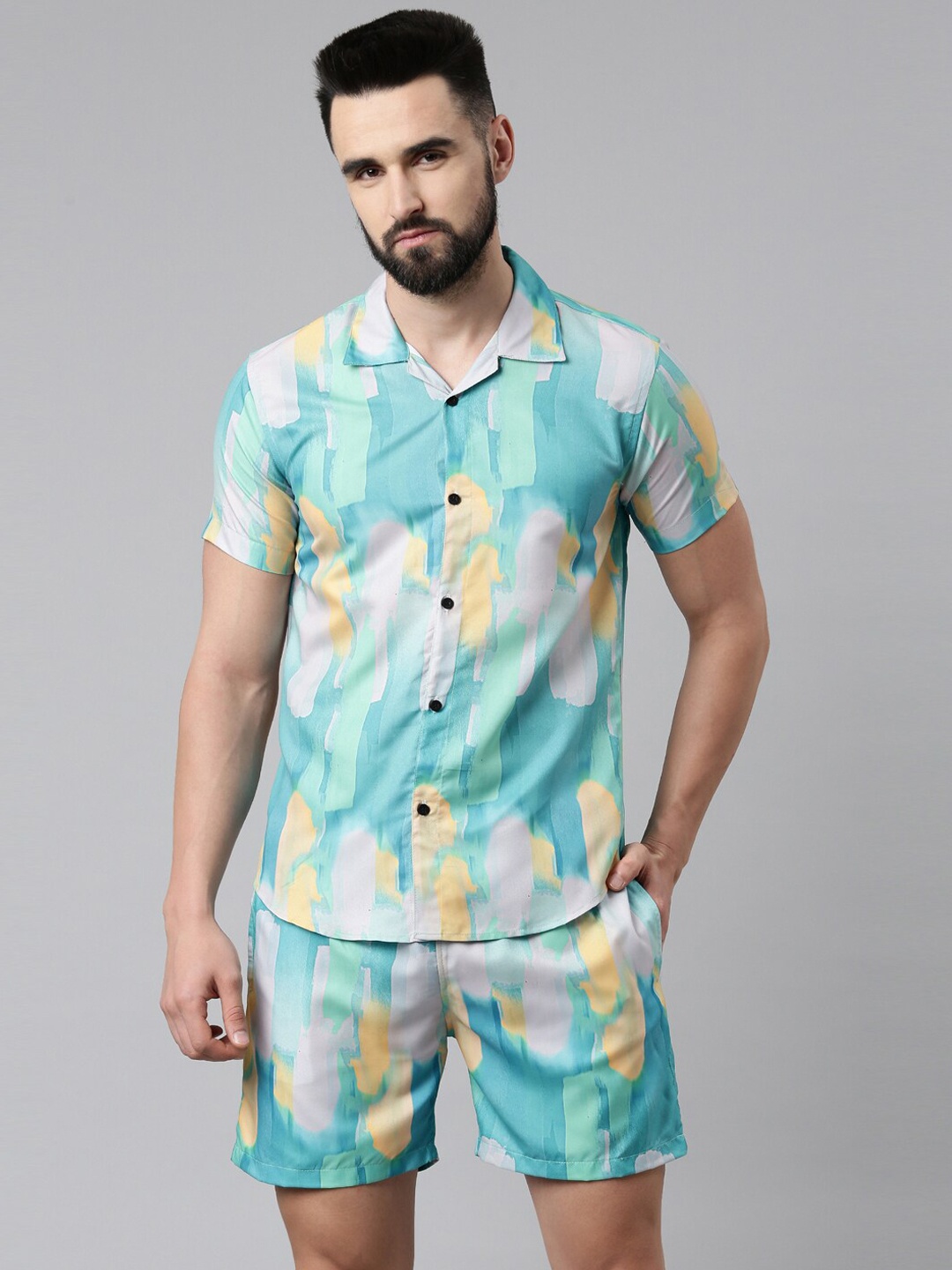

TRUNDZ Men Blue & Yellow Abstract Printed Night suit