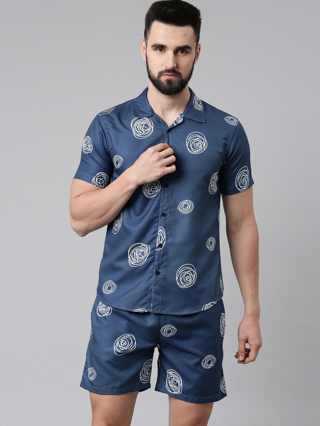 

TRUNDZ Men Navy Blue & White Abstract Printed Night suit