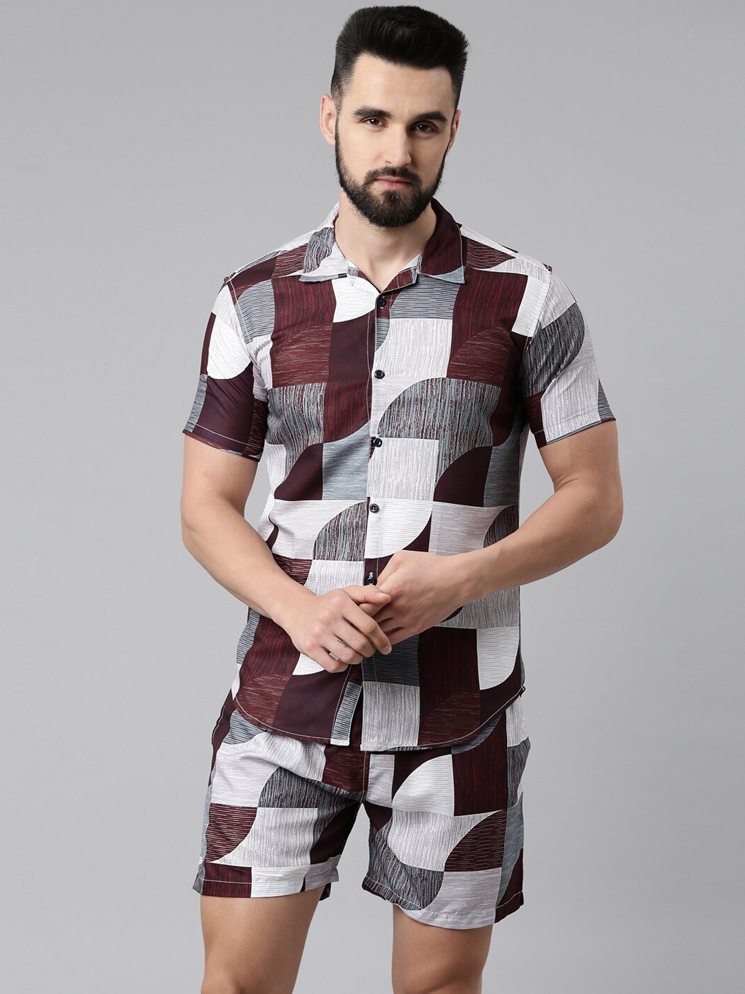 

TRUNDZ Men Grey & Maroon Geometric Printed Night suit