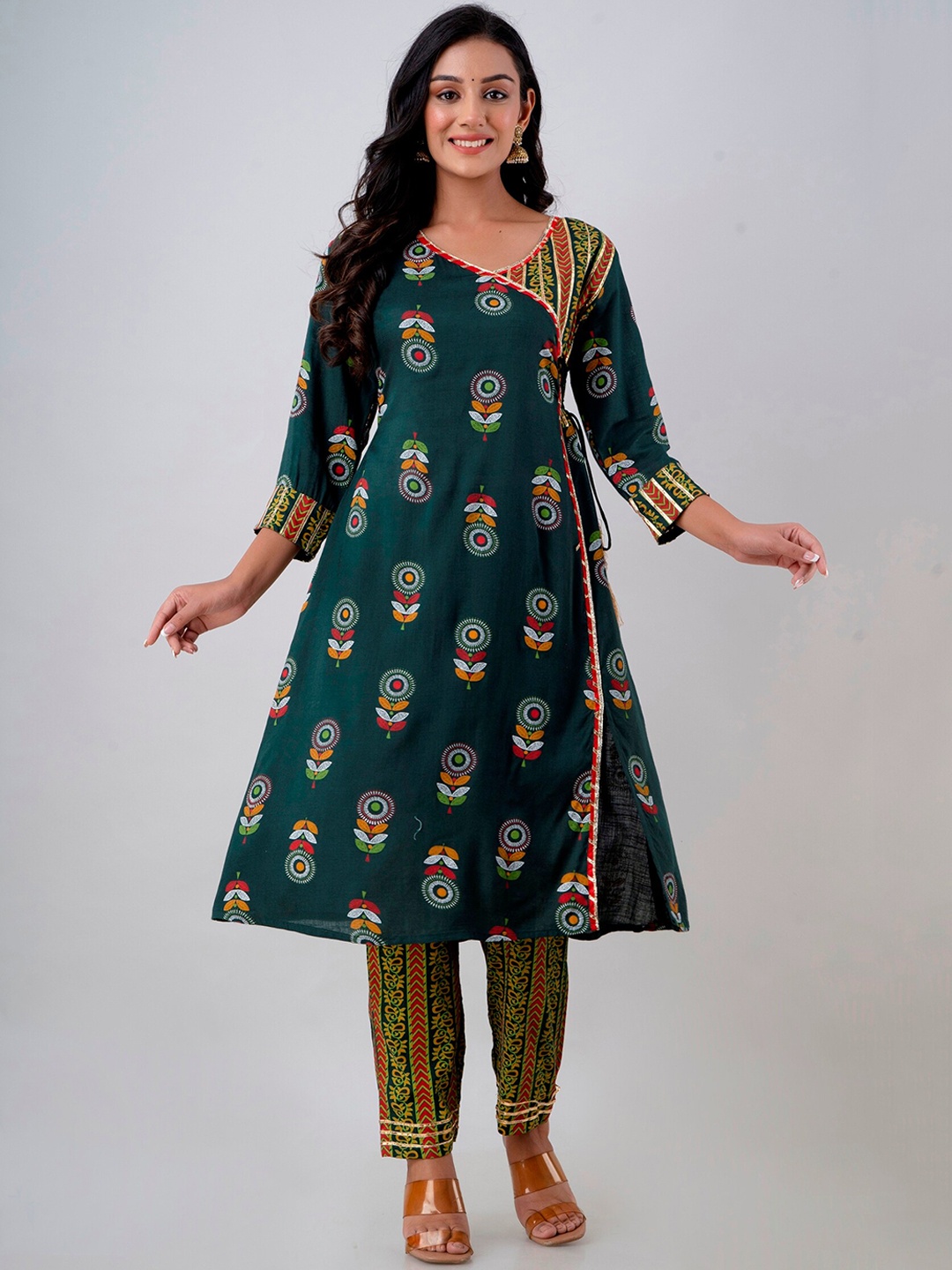 

Fusion Threads Women Green Floral Printed Angrakha Pure Cotton Kurta with Trousers