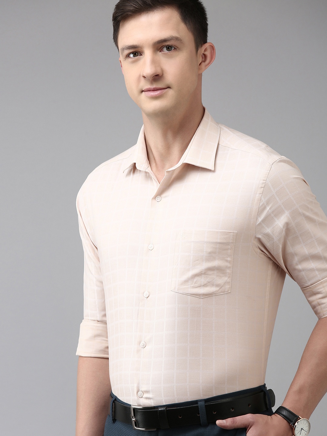 

Arrow Men Beige Manhattan Slim Fit Checked Pure Cotton Formal Shirt