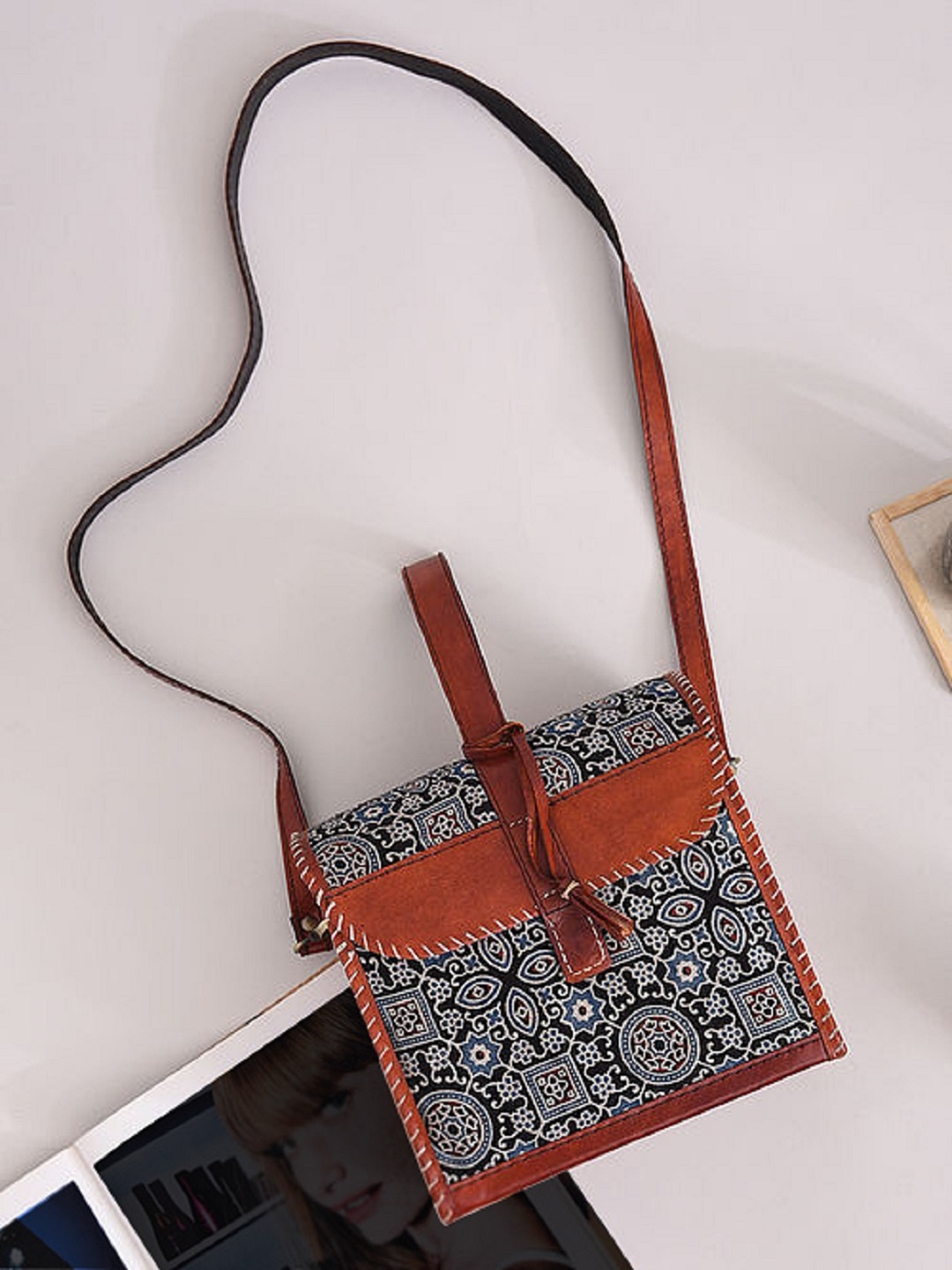 

Jalwa Art Brown Printed Leather Structured Sling Bag with Tasselled