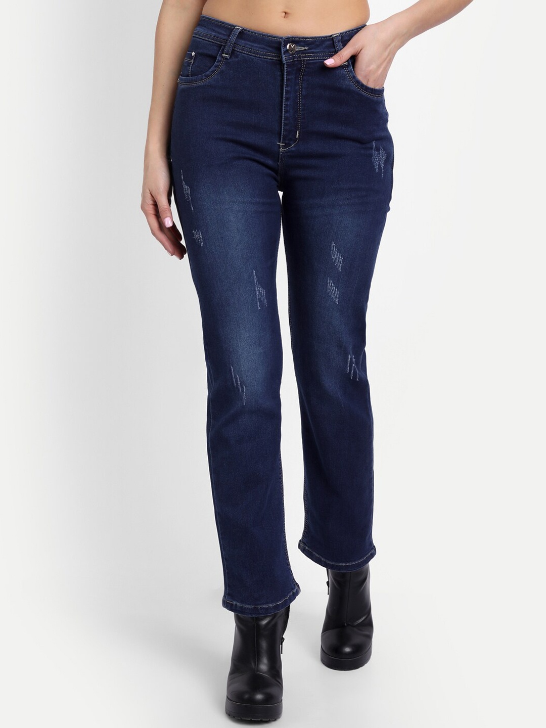 

BROADSTAR Women Navy Blue Jean Straight Fit High-Rise Low Distress Cropped Jeans