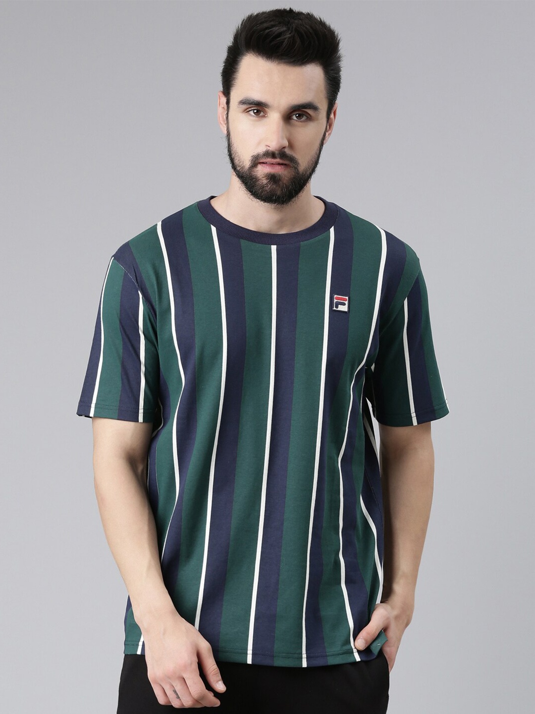 

FILA Men Green & Navy Blue Striped Organic Cotton T-shirt