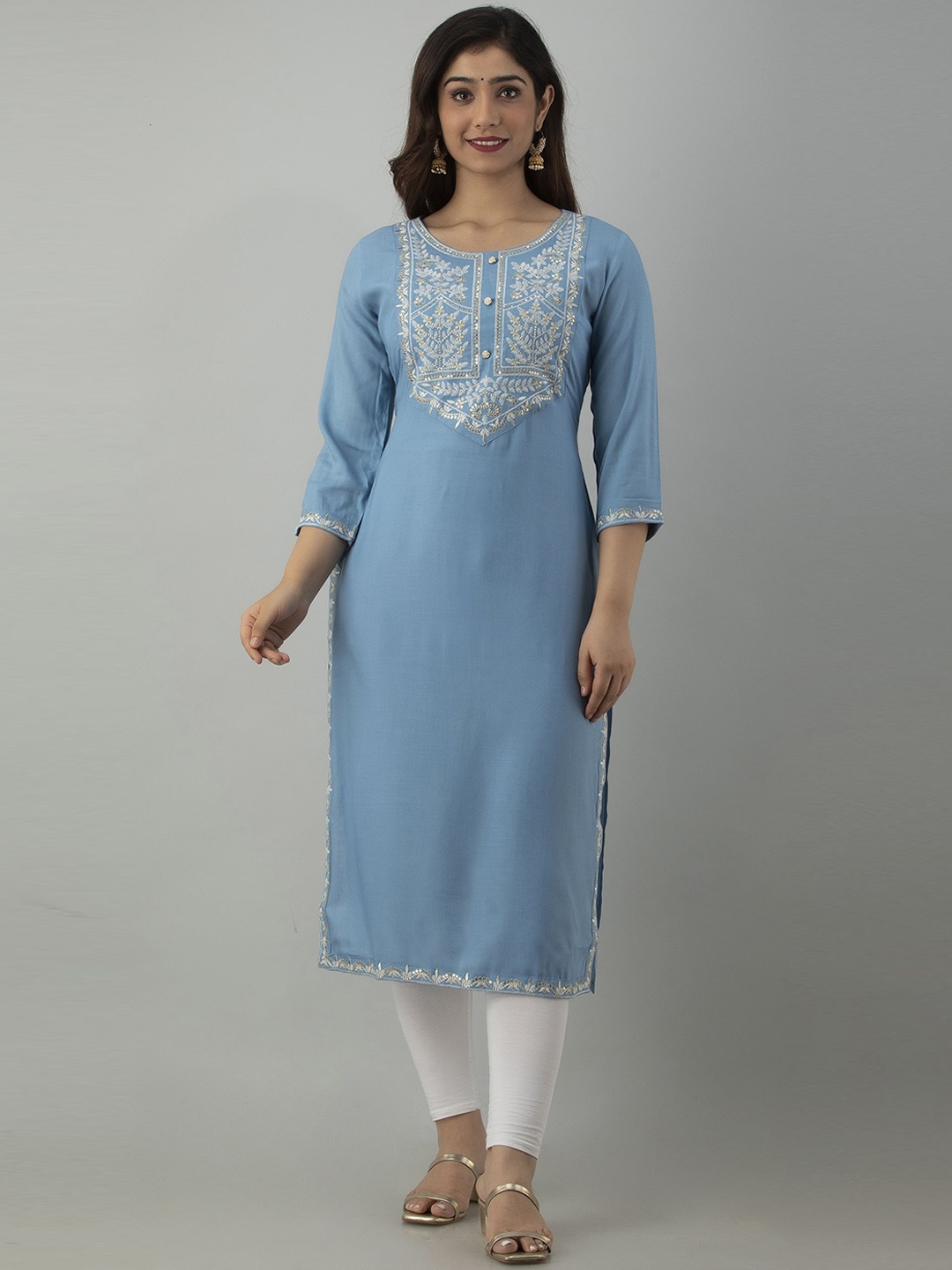 

ADORRO Women Blue Floral Yoke Design Thread Work Kurta