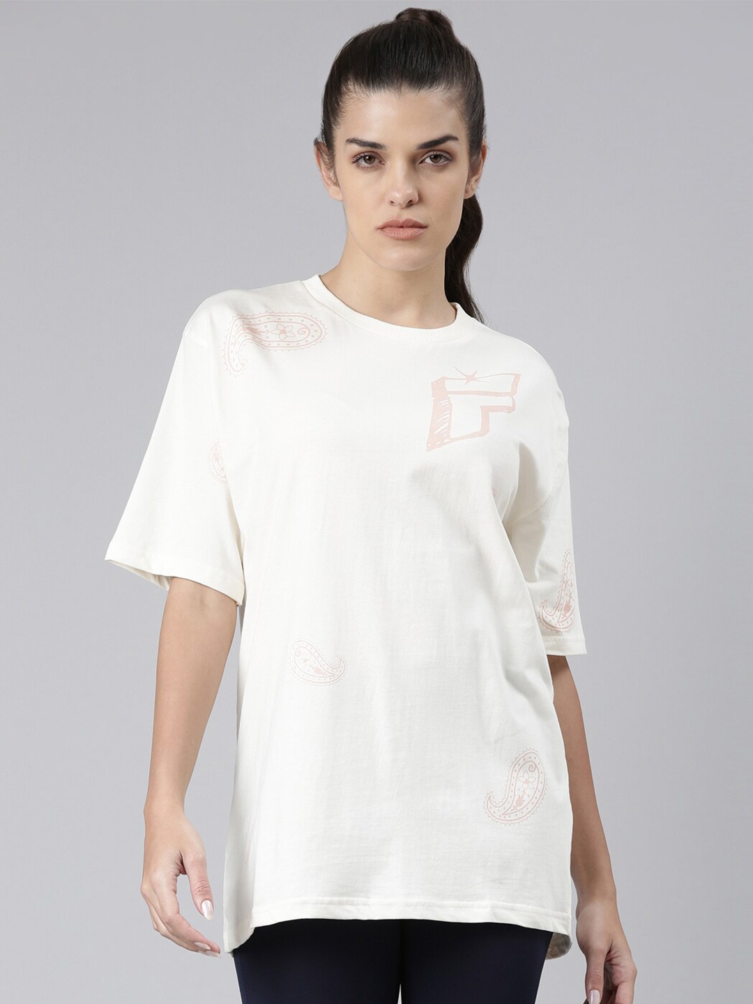 

FILA Women Off White Printed Drop-Shoulder Sleeves Organic Cotton T-shirt