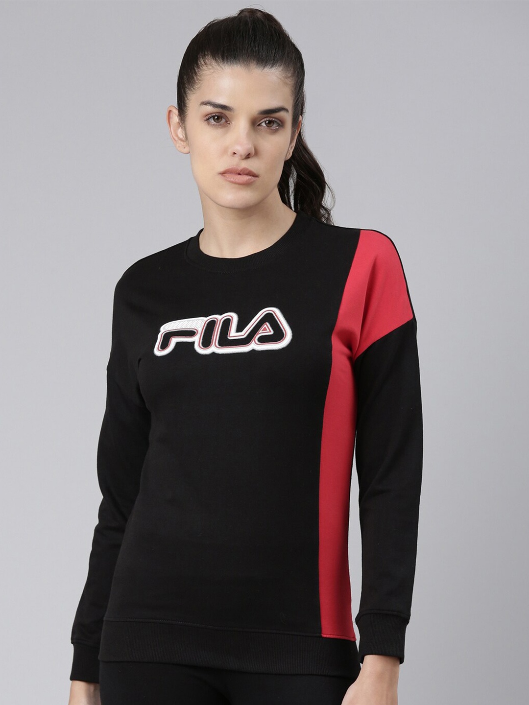 

FILA Women Black & Red Typography Colourblocked Round Neck Organic Cotton T-shirt