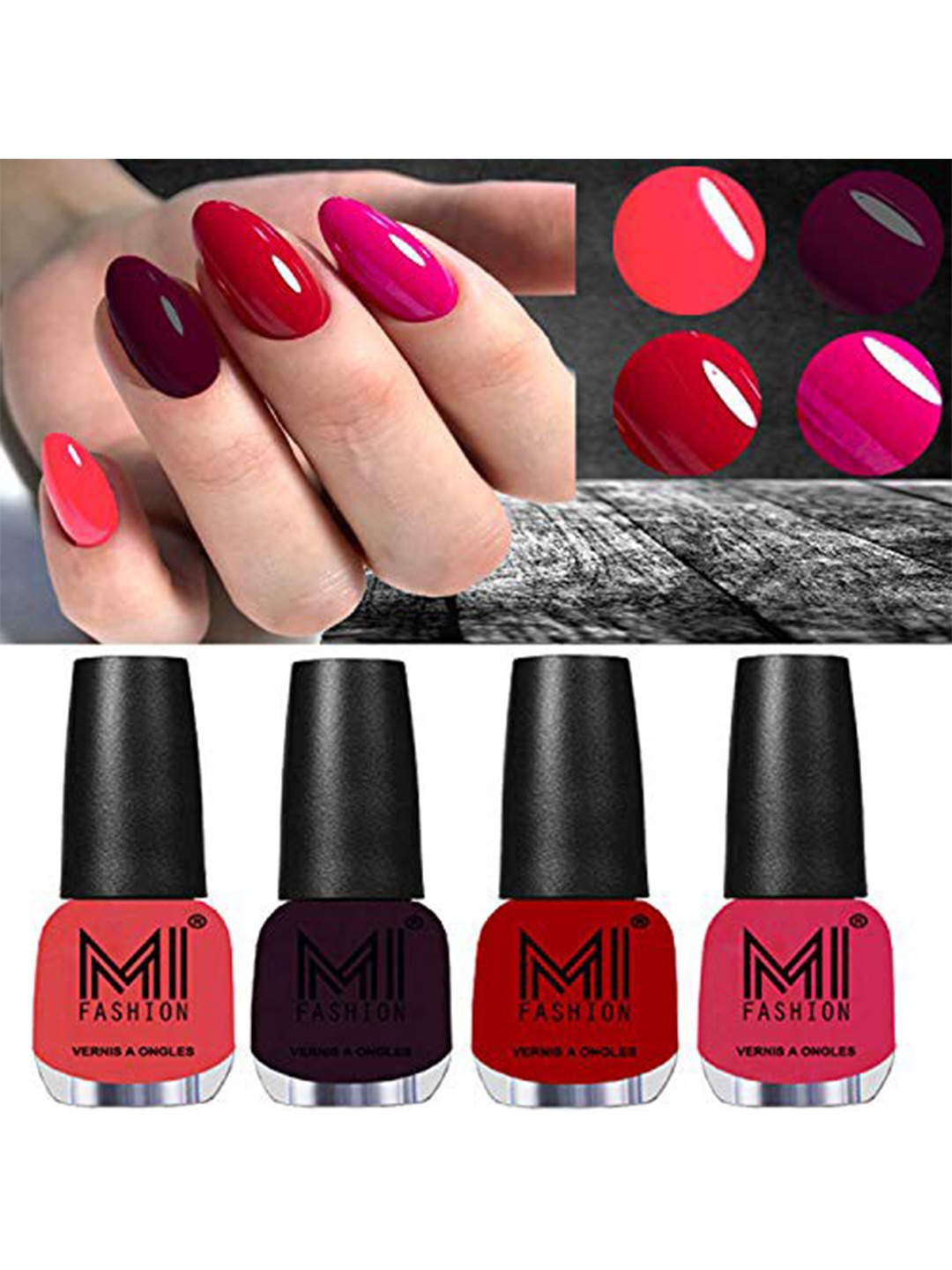 

MI FASHION Set Of 4 Vernis A Ongles Ultra High Glass HD 3D Shine Nail Polish - Pink, Wine Maroon, Red, Magenta