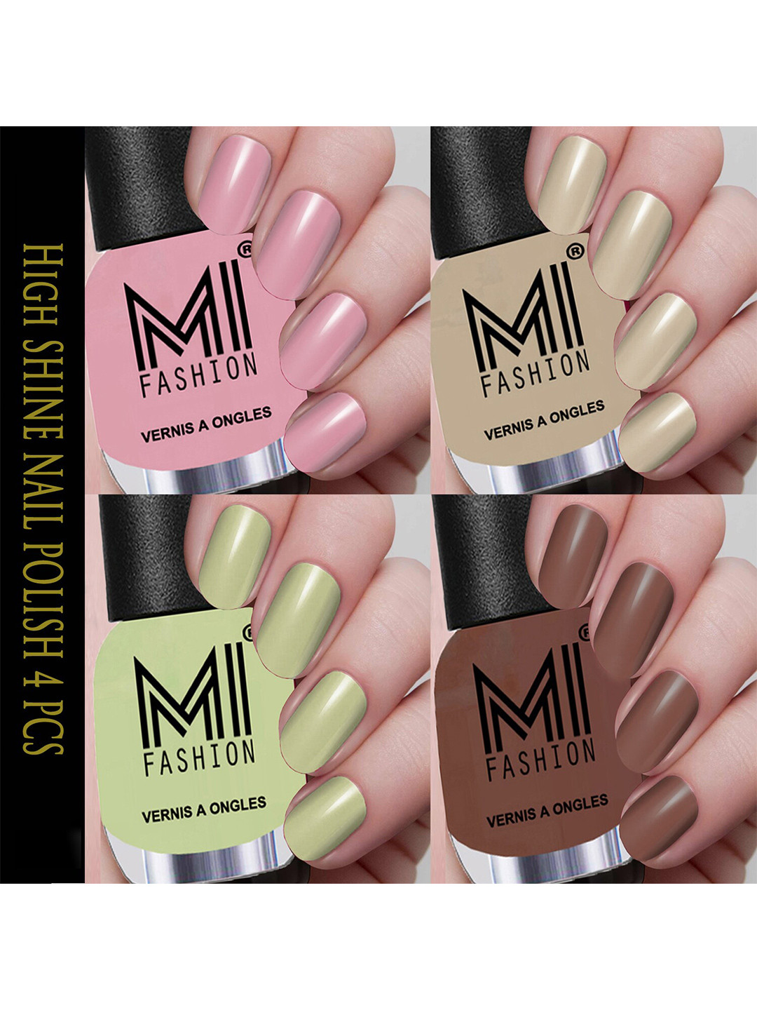 

MI FASHION Set Of 4 Vernis A Ongles Ultra High Glass HD 3D Shine Nail Polish - Nude Pink, Base Nude, Mint, Brown Nude