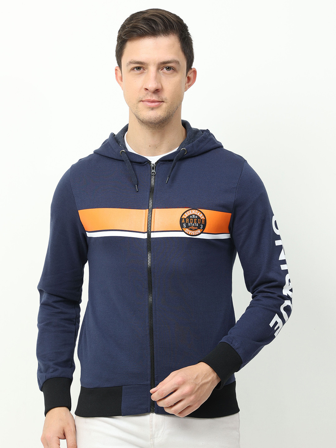 

ARDEUR Men Navy Blue Printed Hooded Sweatshirt