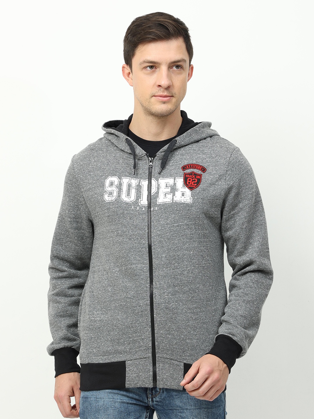 

ARDEUR Men Charcoal Printed Hooded Sweatshirt