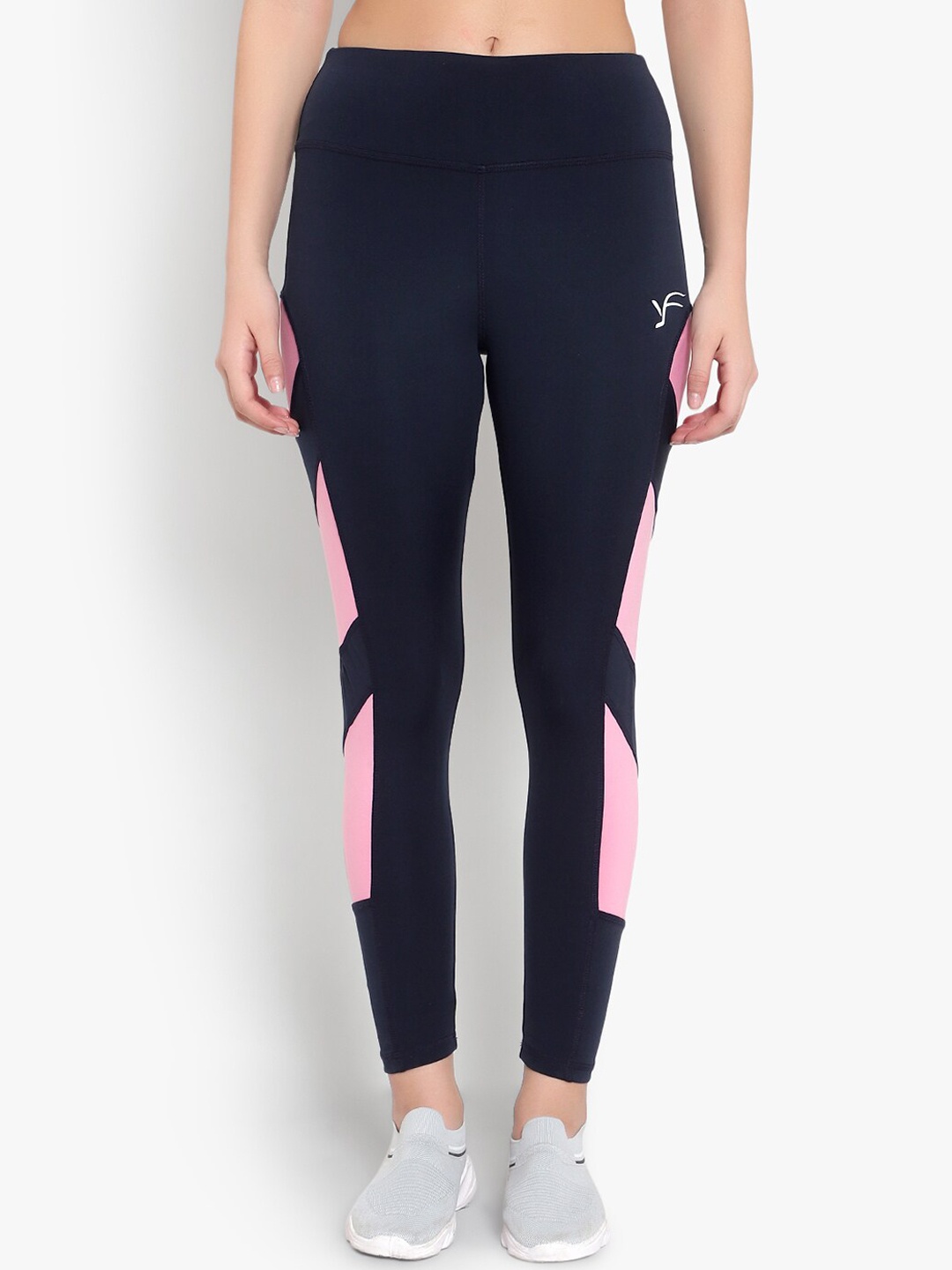 

YOU FOREVER Women Navy Blue & Pink Patterned Rapid Dry Sportswear Tights