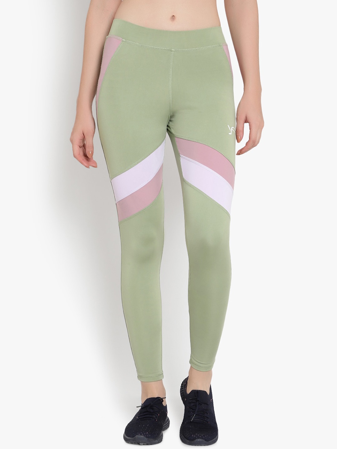

YOU FOREVER Women Olive Green & White Colourblocked Rapid Dry Tights