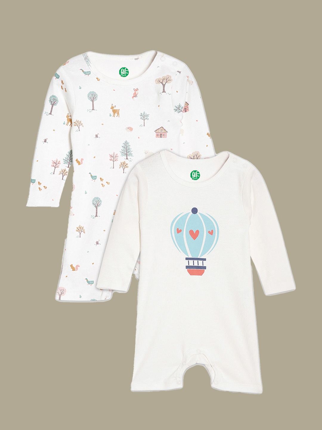 

YK Organic Infant Boys Pack of 2 White Printed Organic Cotton Rompers
