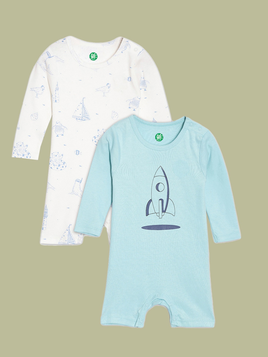 

YK Organic Infant Boys Pack Of 2 White & Blue Printed Organic Cotton Rompers