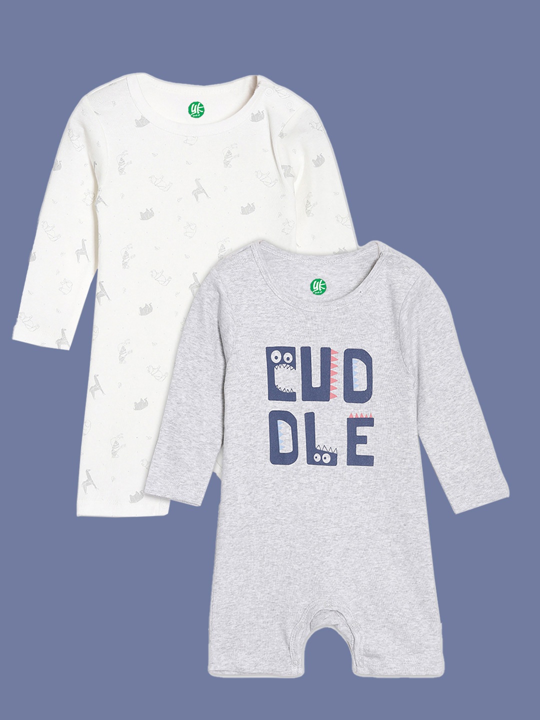 

YK Organic Boys Pack of 2 Grey & White Printed Pure Cotton Rompers