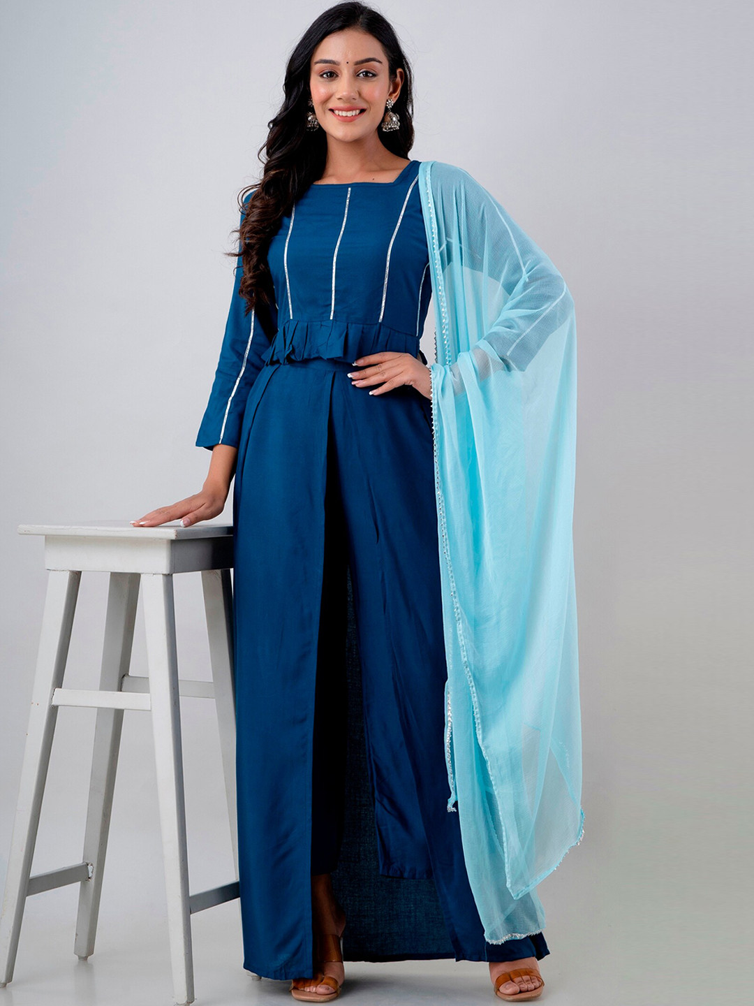 

Fusion Threads Women Blue Gotta Patti Top with Palazzos & With Dupatta