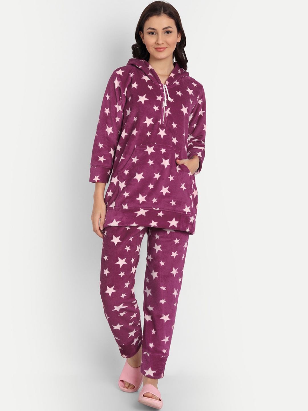 

PALIVAL Women Maroon & White Printed Night suit with Hood