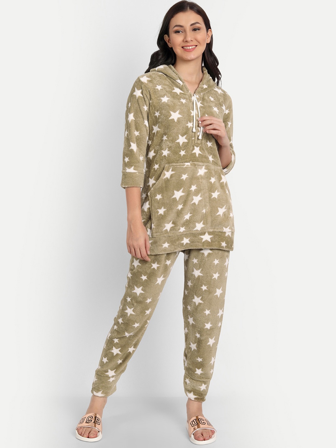 

PALIVAL Women Camel Brown & White Printed Night suit with Hood