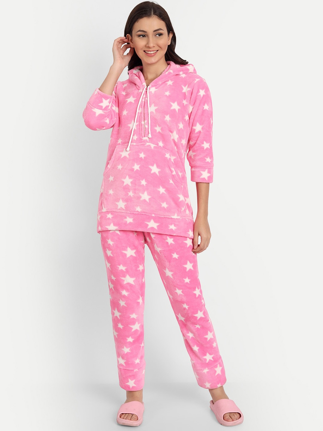 

PALIVAL Women Pink & White Printed Night suit with Hood